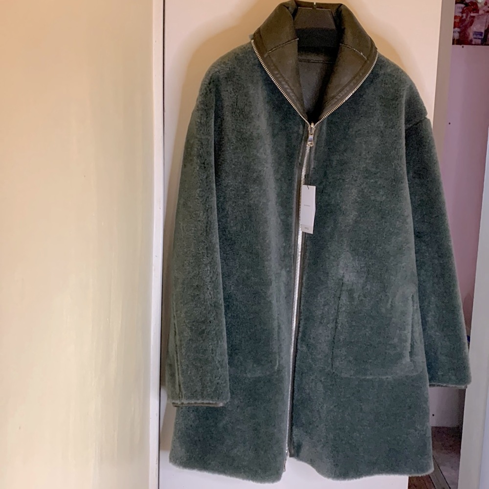 Mango (MNG) Reversible WomanLeather Faux Shearling Hunt Green Coat